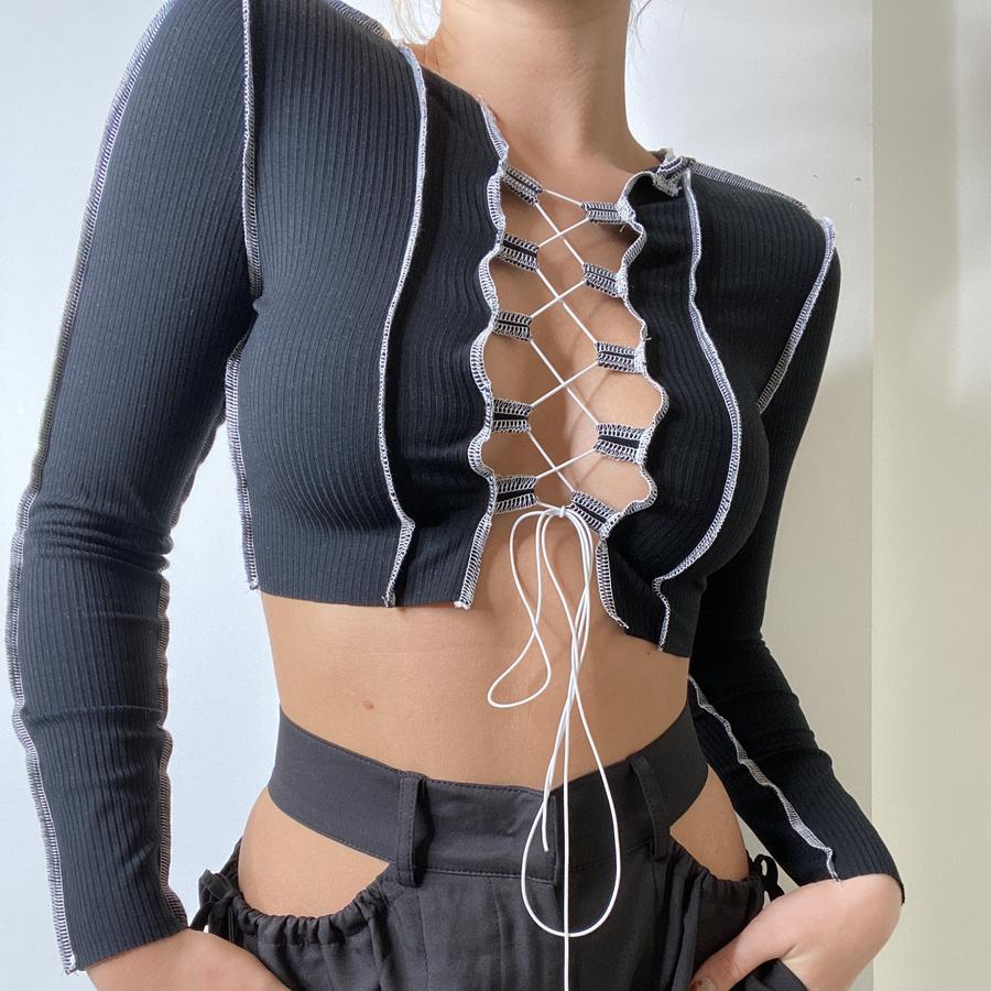 Nyla Lace Up Front Stitch Crop Top