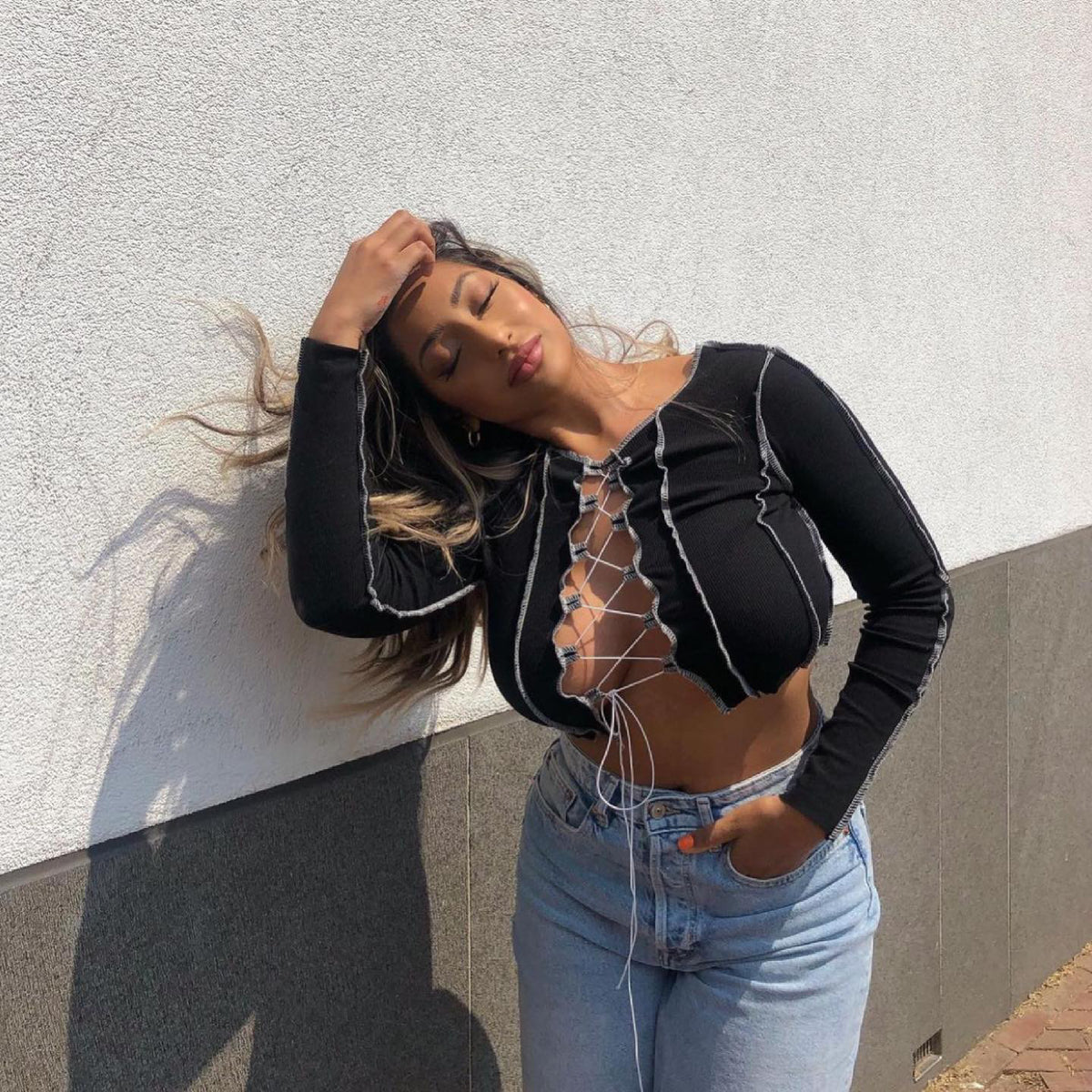 Nyla Lace Up Front Stitch Crop Top
