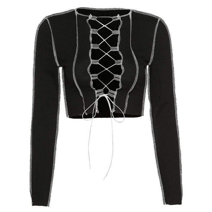 Nyla Lace Up Front Stitch Crop Top