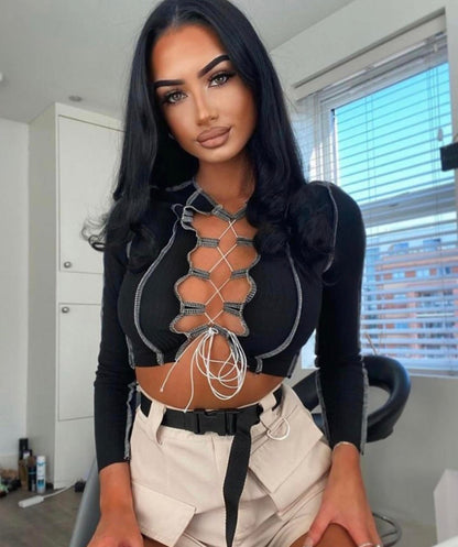 Nyla Lace Up Front Stitch Crop Top
